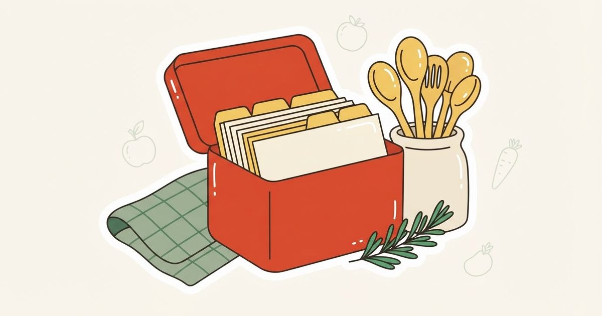 An illustration of an open tin recipe box of index cards beside a tea towel, a jar of wooden spoons and a sprig of rosemary