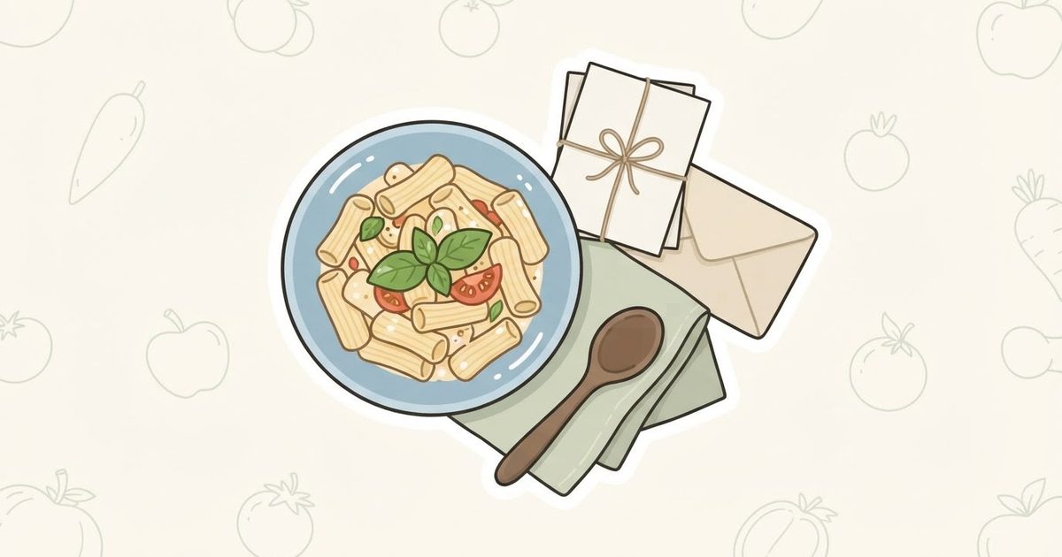 An illustration of a bowl of rigatoni with basil beside a stack of notes tied with string, an envelope and a wooden spoon