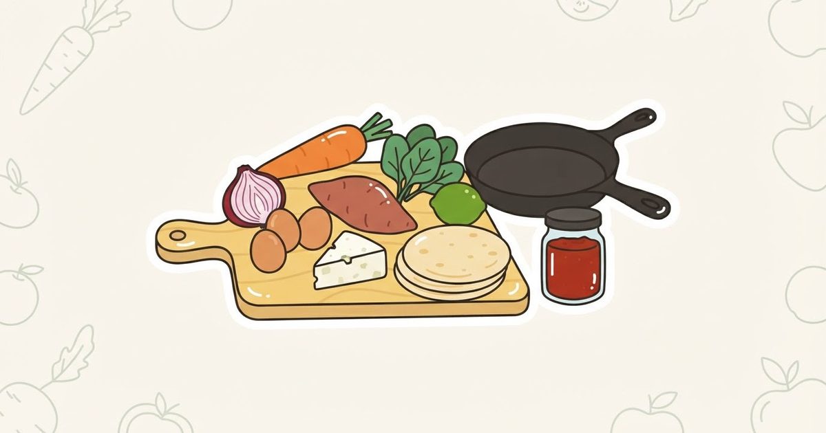 An illustration of a cutting board with half an onion, eggs, a sweet potato, spinach, feta, a lime and tortillas beside a skillet and a jar of sauce