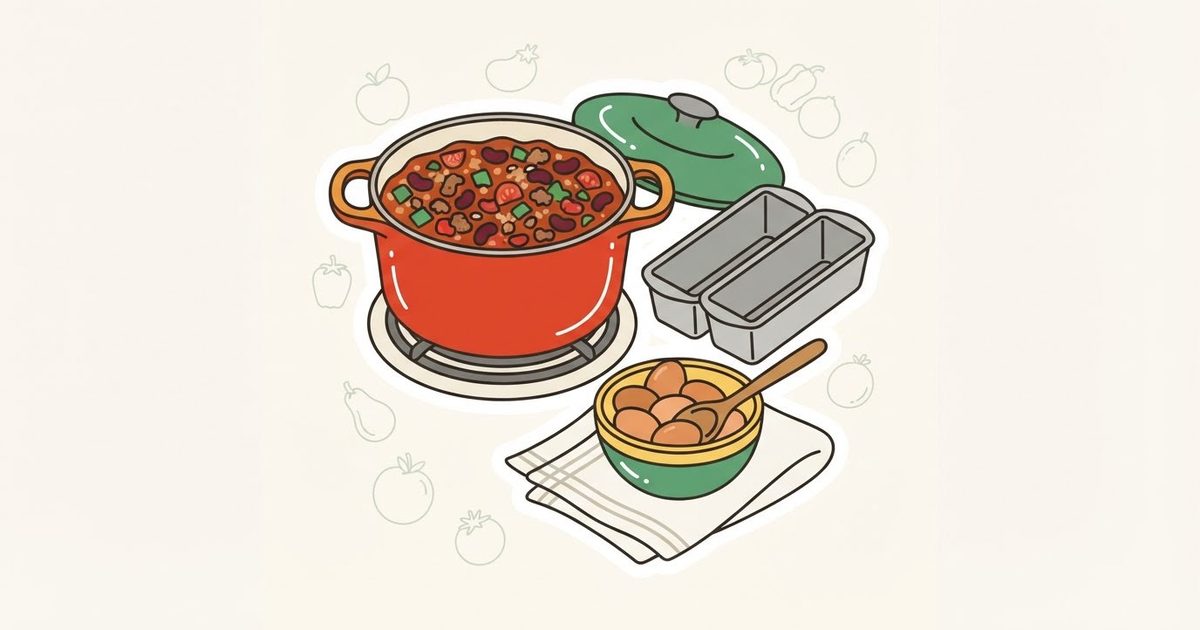 An illustration of a full pot of chili beside two loaf pans, a bowl of eggs and a wooden spoon