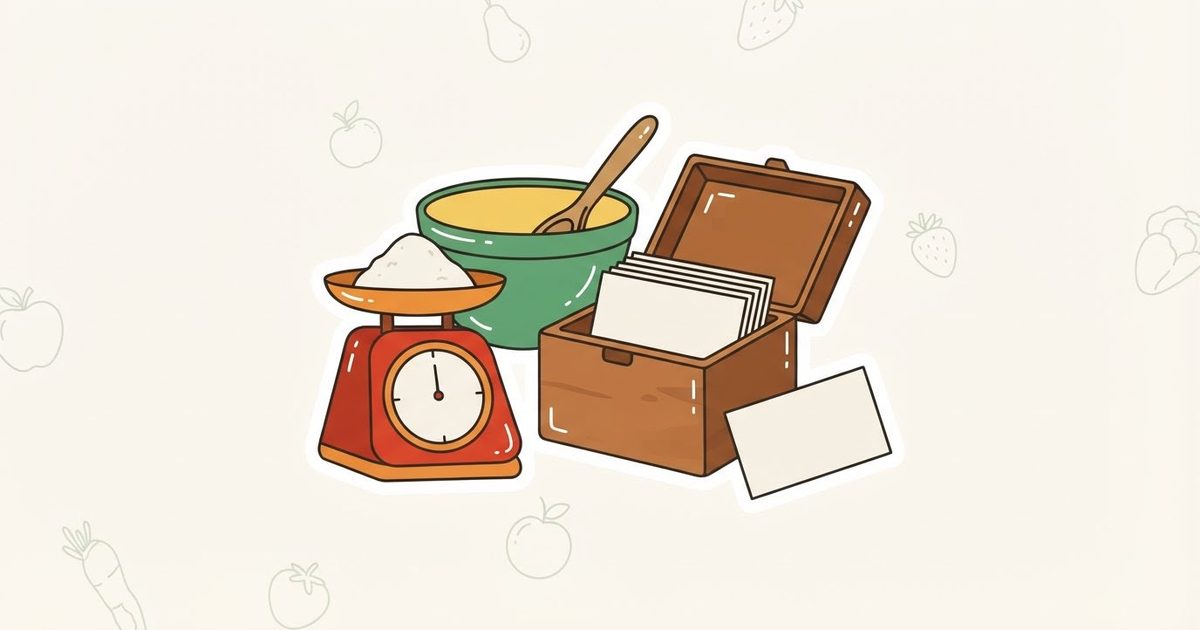 An illustration of a wooden recipe box of blank cards beside a loose card, a kitchen scale with flour and a mixing bowl