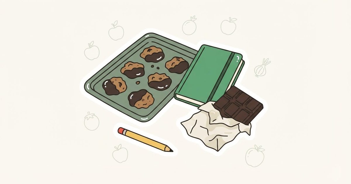 An illustration of a tray of lopsided chocolate-dipped cookies beside a closed notebook, a pencil and a bar of dark chocolate