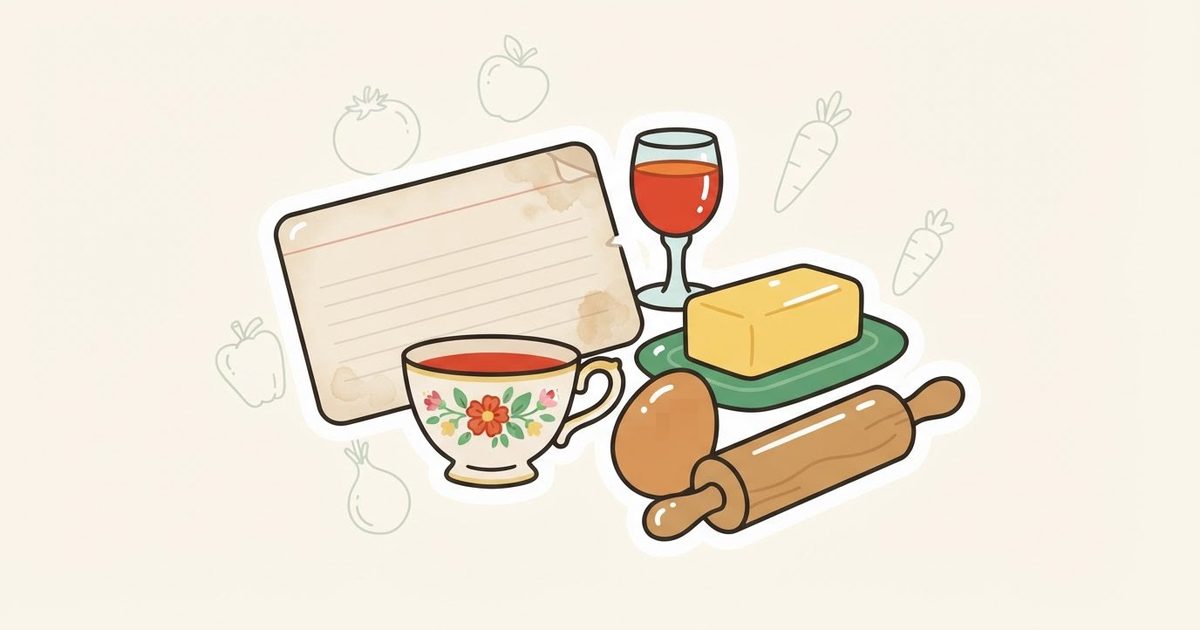 An illustration of a blank vintage recipe card beside a teacup, a small glass, a stick of butter, an egg and a rolling pin