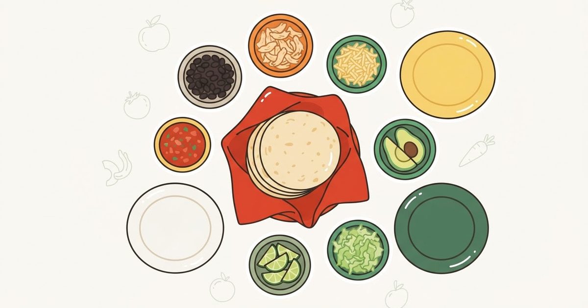 An illustration of a build-your-own taco spread seen from above: tortillas in a cloth, small bowls of fillings and empty plates