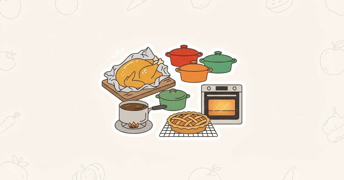 An illustration of a roast turkey resting under foil beside casserole pots, a pan of gravy, a pie and an oven