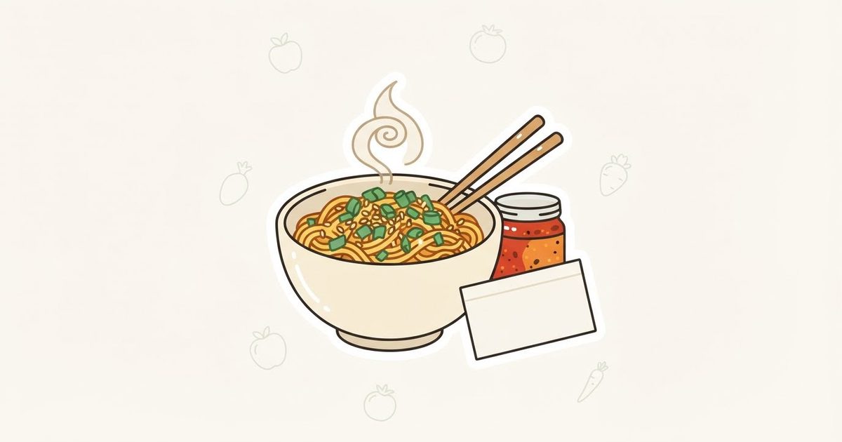An illustration of a bowl of noodles with chopsticks beside a jar of chili crisp and a blank index card