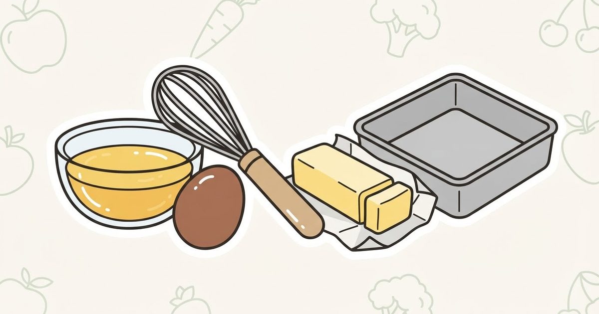 An illustration of a whisked egg in a glass bowl beside a whole egg, a whisk, half a stick of butter and a square baking pan