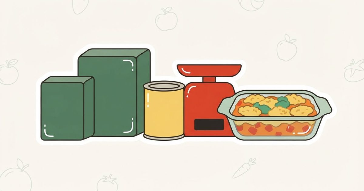 An illustration of two plain baking-mix boxes of different sizes beside a can, a kitchen scale and a dish of cherry dump cake