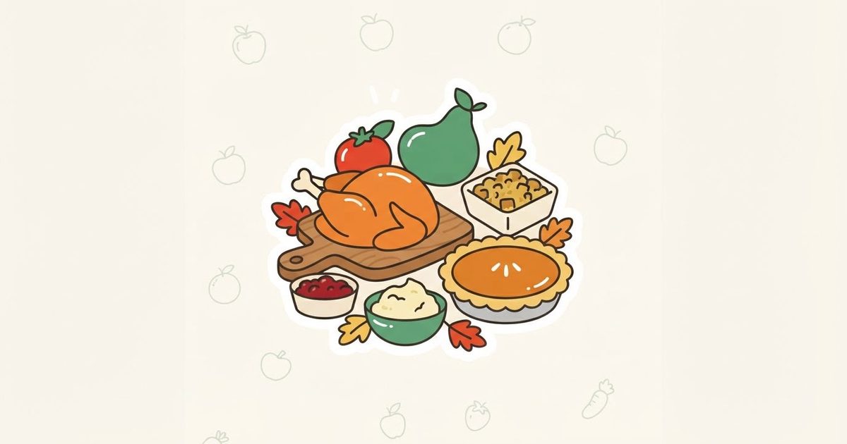 An illustration of a small roast turkey on a board with cranberry sauce, mashed potatoes, stuffing and a pumpkin pie