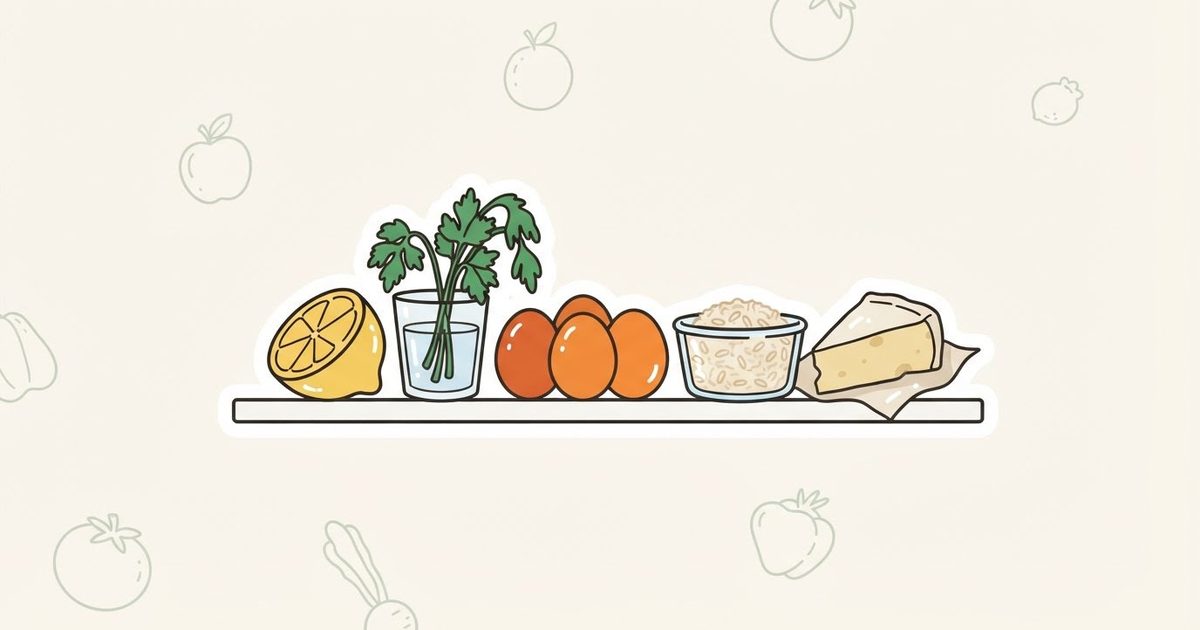 An illustration of one fridge shelf holding half a lemon, parsley in a glass of water, three eggs, a container of rice and a wedge of cheese
