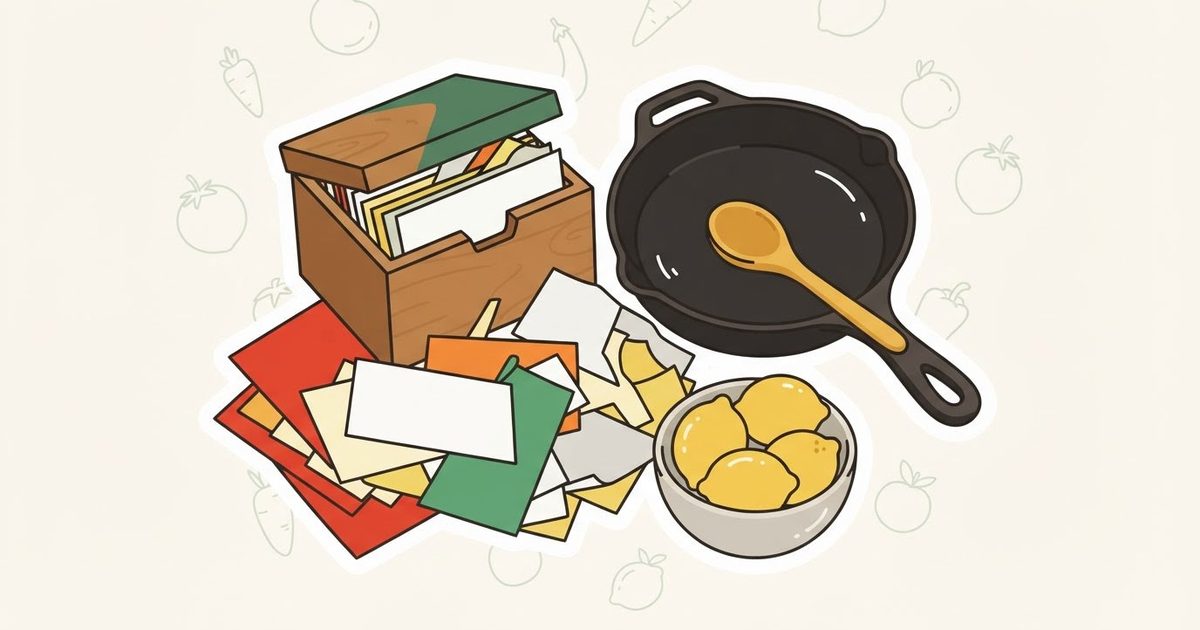 An illustration of a wooden recipe box spilling loose cards beside a cast-iron skillet and a bowl of lemons