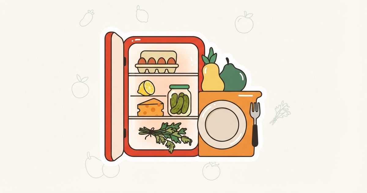 An illustration of an open fridge with eggs, half a lemon, cheese and pickles, beside an empty plate and a fork