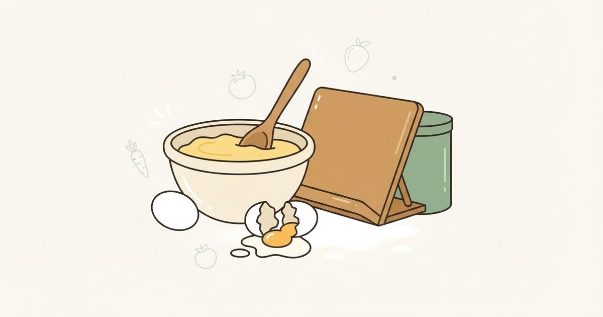 An illustration of a mixing bowl of creamed butter and sugar beside two eggs, an empty cookbook stand and a flour canister
