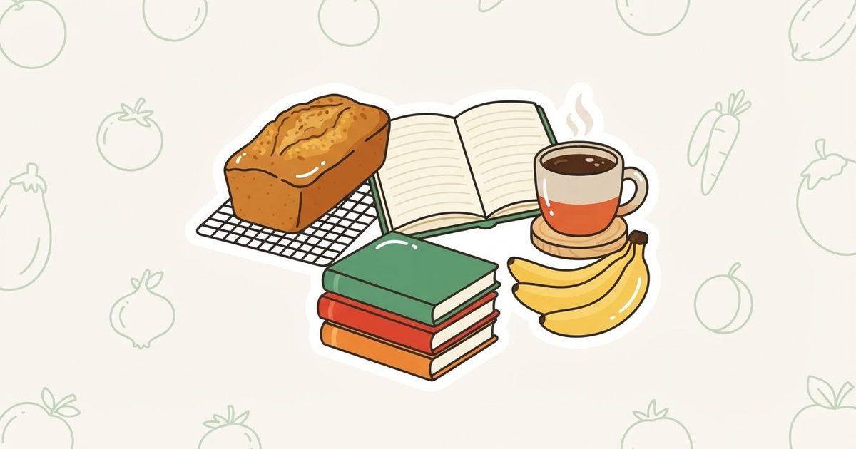 An illustration of a loaf of banana bread on a cooling rack beside an open notebook, a cup of coffee, bananas and a stack of cookbooks